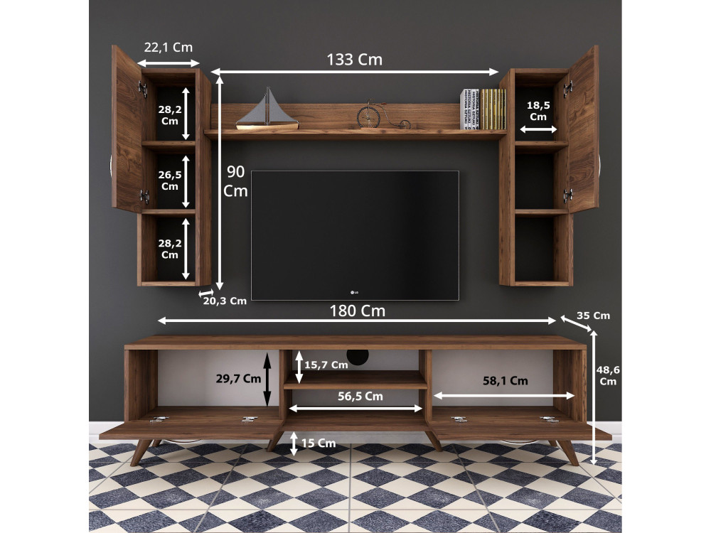 Suporte de TV em madeira "Mezalun" - 180 x 35 x 48 cm - Castanho