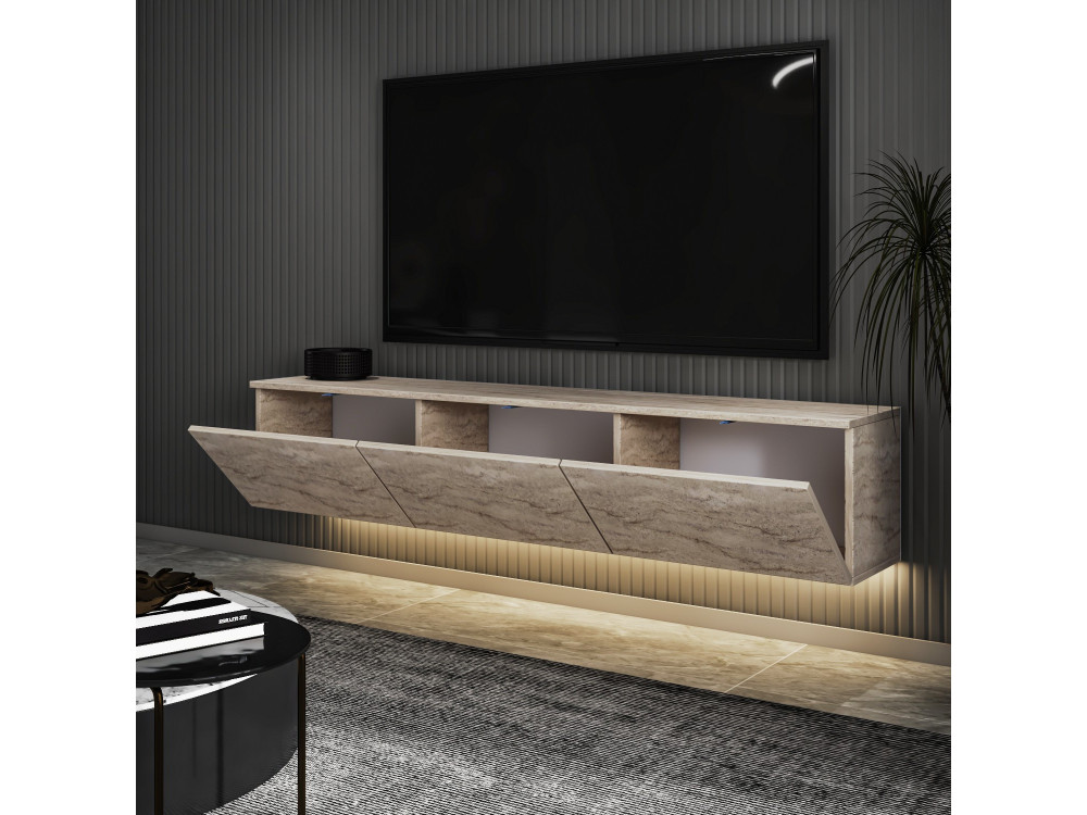 Móvel TV suspenso em madeira com iluminação LED "Neon illuminated" - 160 x 32 x 35 cm - Travertino