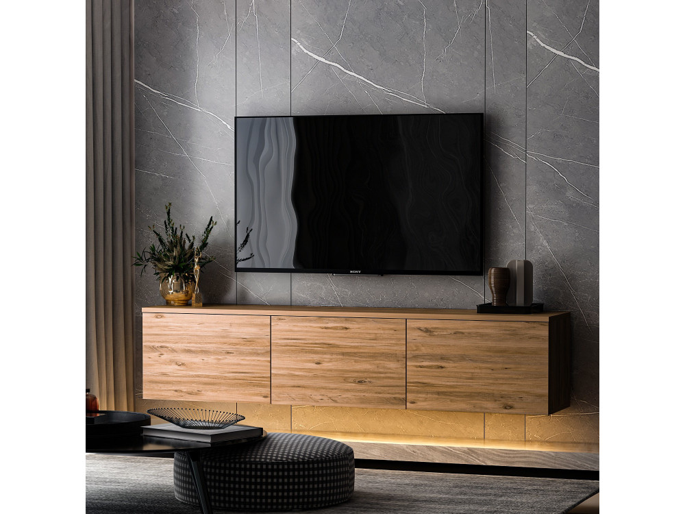 Suporte para televisor suspenso "Neon illuminated" em madeira com iluminação LED - 160 x 32 x 35 cm - Castanho