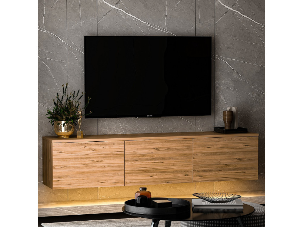 Suporte para televisor suspenso "Neon illuminated" em madeira com iluminação LED - 160 x 32 x 35 cm - Castanho