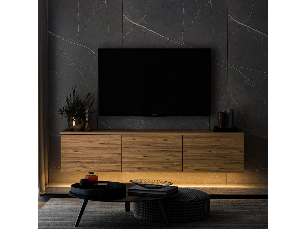 Suporte para televisor suspenso "Neon illuminated" em madeira com iluminação LED - 160 x 32 x 35 cm - Castanho