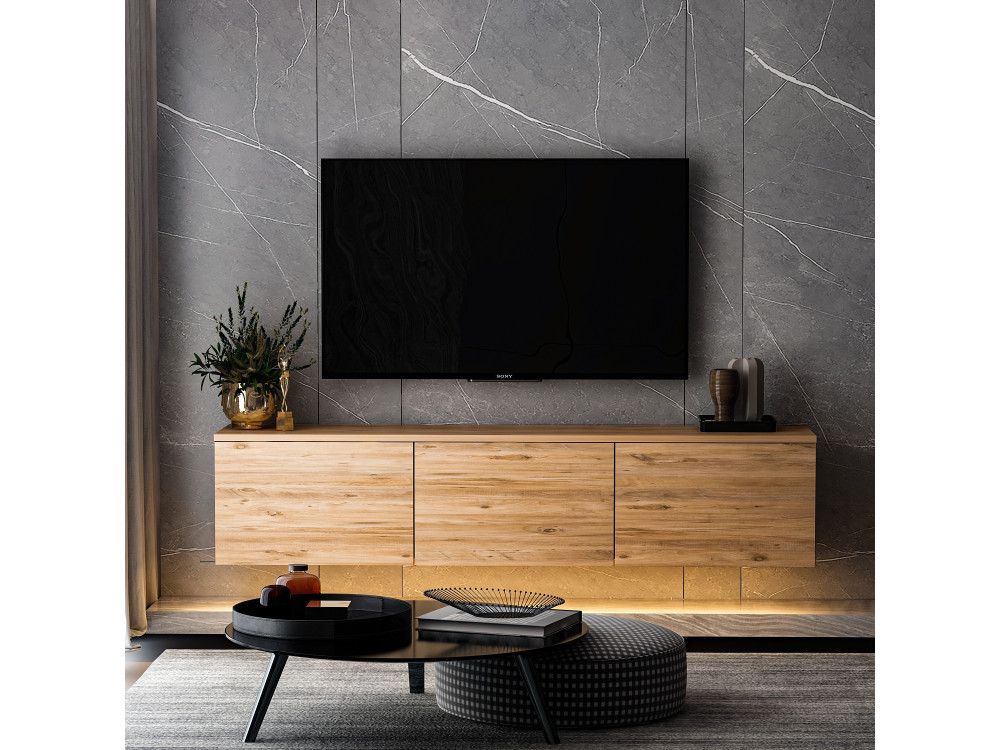 Suporte para televisor suspenso "Neon illuminated" em madeira com iluminação LED - 160 x 32 x 35 cm - Castanho