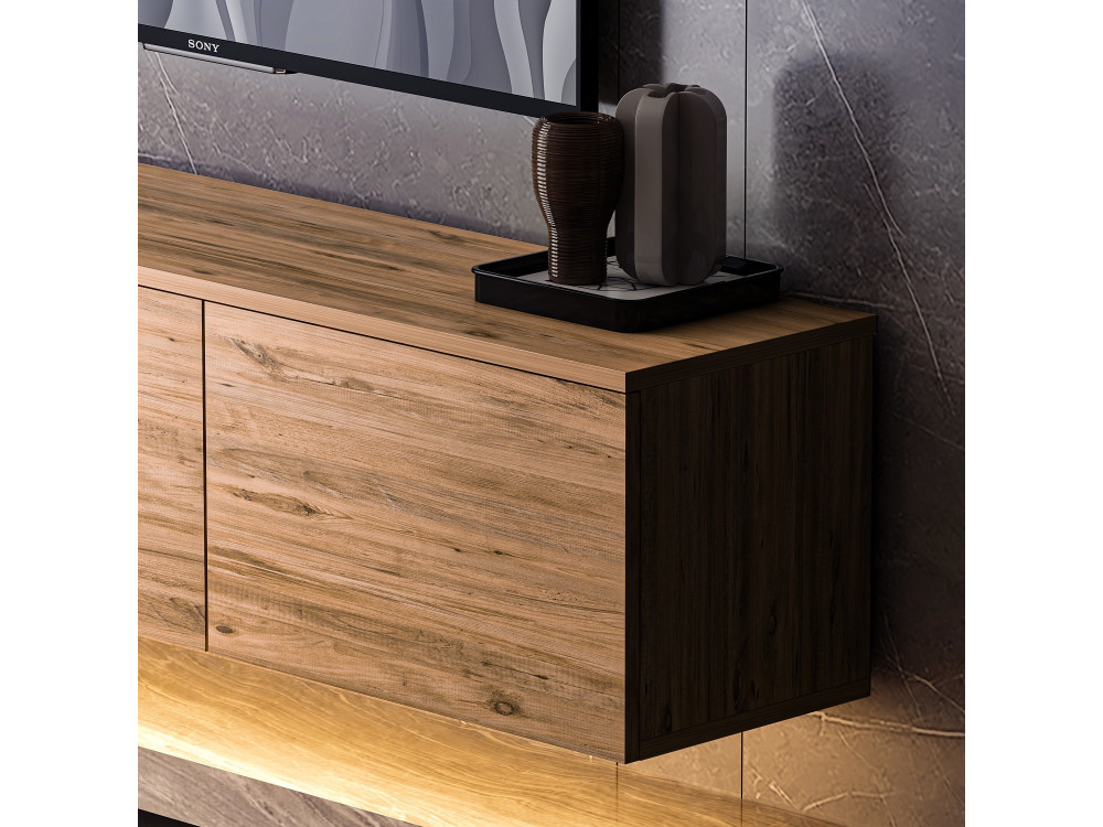 Suporte para televisor suspenso "Neon illuminated" em madeira com iluminação LED - 160 x 32 x 35 cm - Castanho