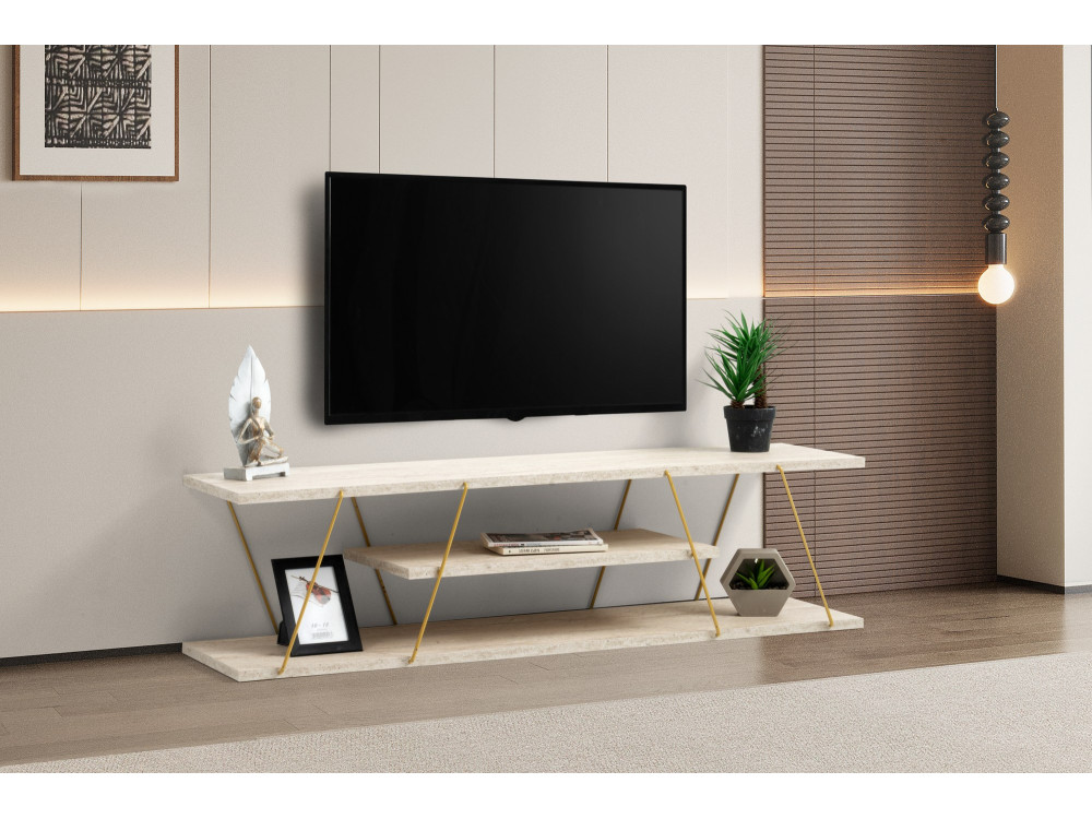 Mesa de TV em madeira "Canaz" - 120 x 30 x 33 cm - Travertino