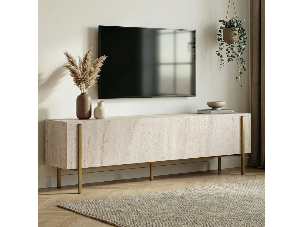 Suporte de TV em madeira Nexus" - 180 x 30 x 45 cm - Travertino / Dourado
