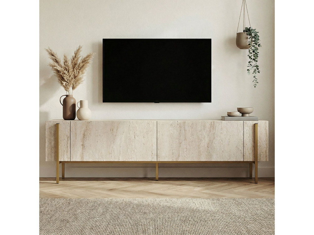 Suporte de TV em madeira Nexus" - 180 x 30 x 45 cm - Travertino / Dourado
