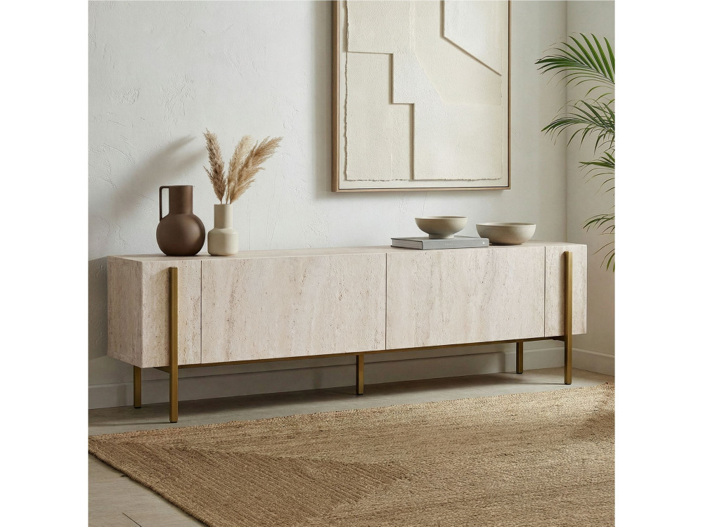 Suporte de TV em madeira Nexus" - 180 x 30 x 45 cm - Travertino / Dourado