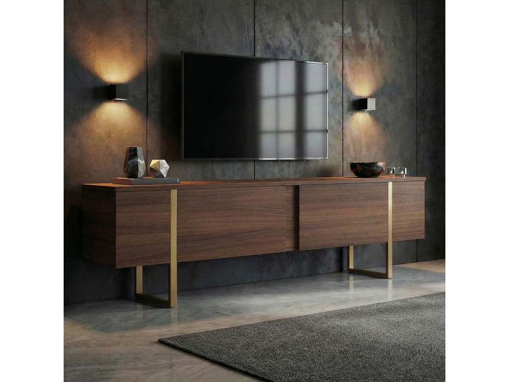 Suporte de TV em madeira "Onera" - 180 x 30 x 50 cm - Nogueira / Ouro