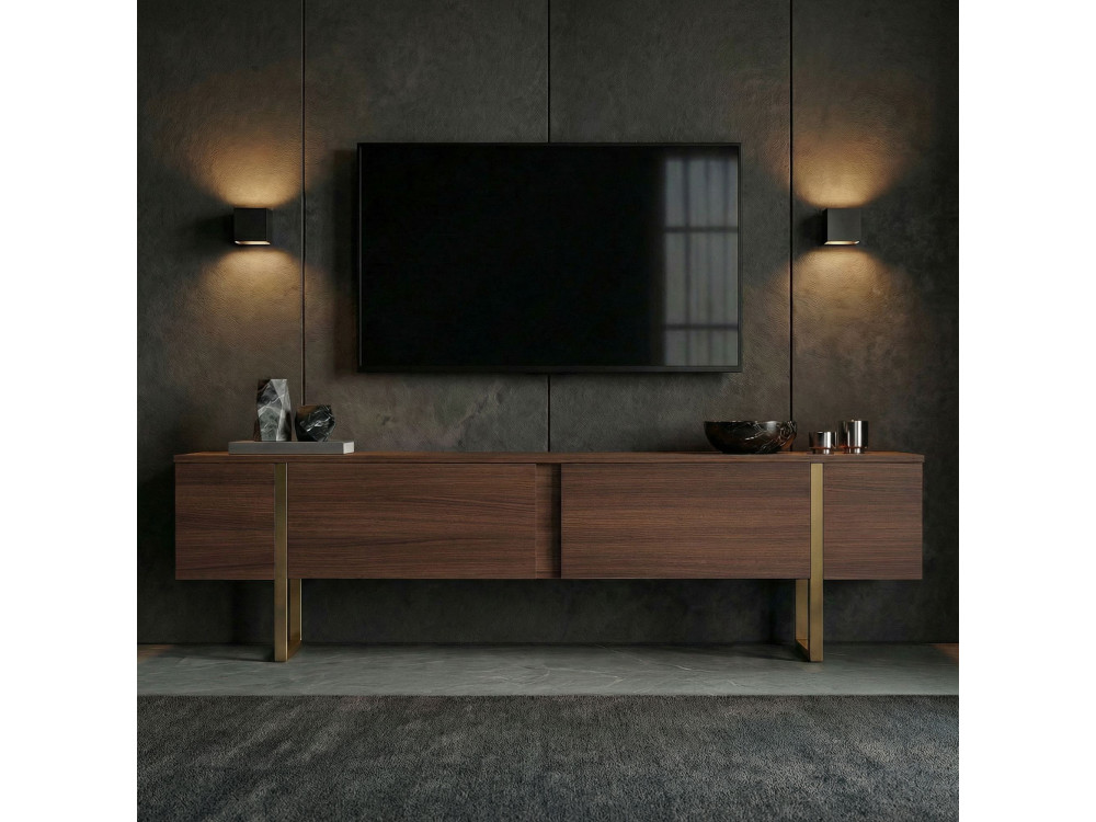Suporte de TV em madeira "Onera" - 180 x 30 x 50 cm - Nogueira / Ouro