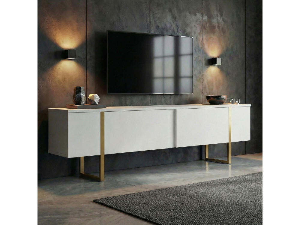 Suporte de TV em madeira "Onera" - 180 x 30 x 50 cm - Branco / Dourado