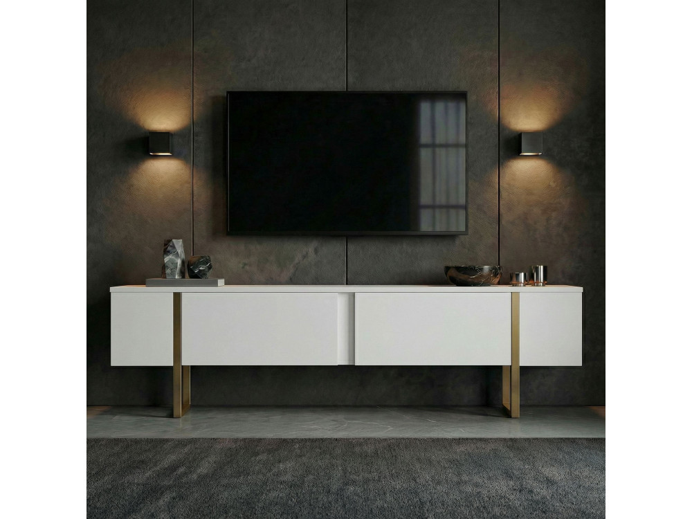 Suporte de TV em madeira "Onera" - 180 x 30 x 50 cm - Branco / Dourado