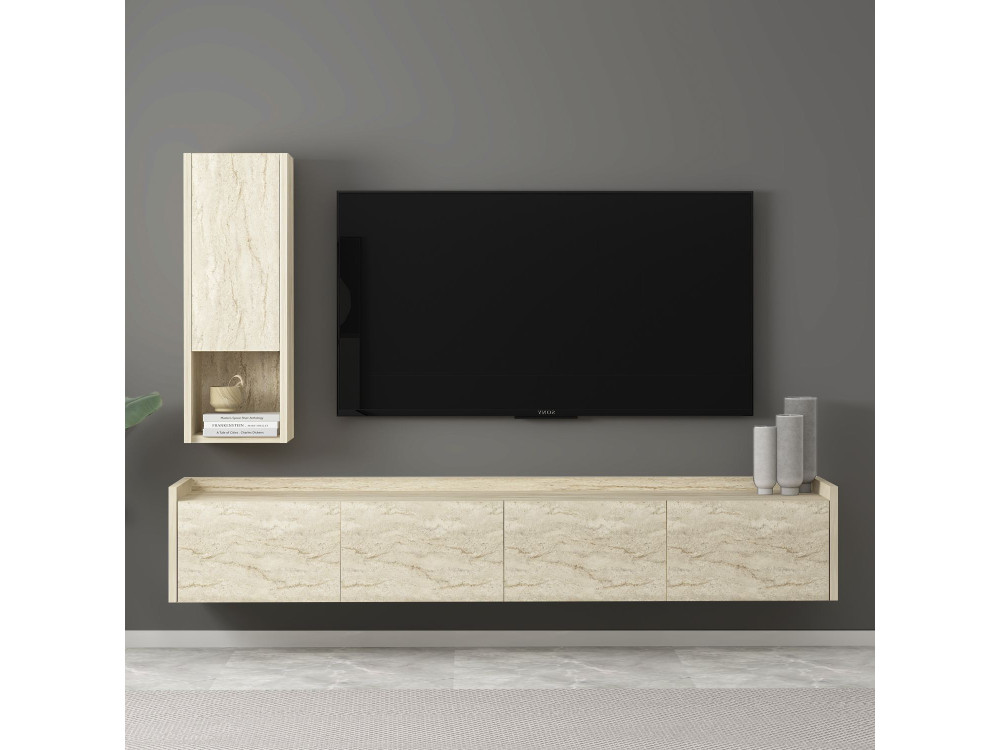 Suporte de TV de madeira "Sema" com prateleira de parede - 160 x 30 x 35 cm - Travertino