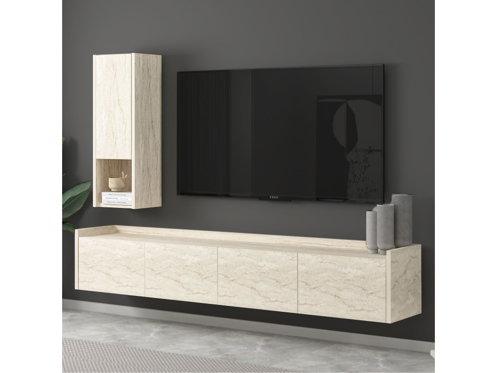 Suporte de TV de madeira "Sema" com prateleira de parede - 160 x 30 x 35 cm - Travertino