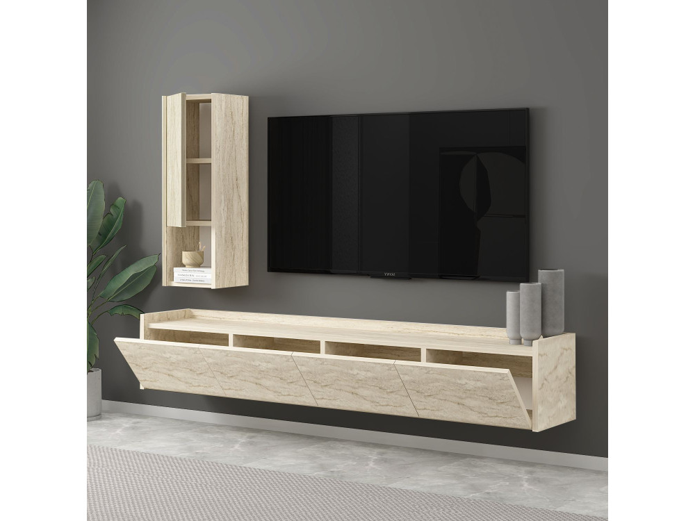 Suporte de TV de madeira "Sema" com prateleira de parede - 160 x 30 x 35 cm - Travertino