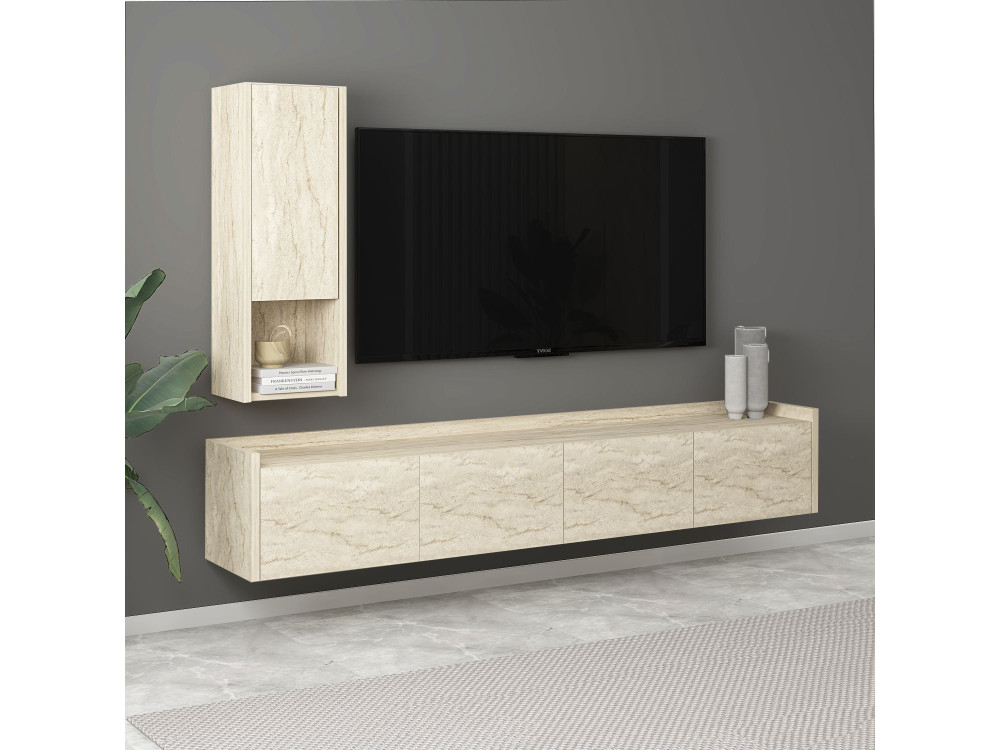 Suporte de TV de madeira "Sema" com prateleira de parede - 160 x 30 x 35 cm - Travertino