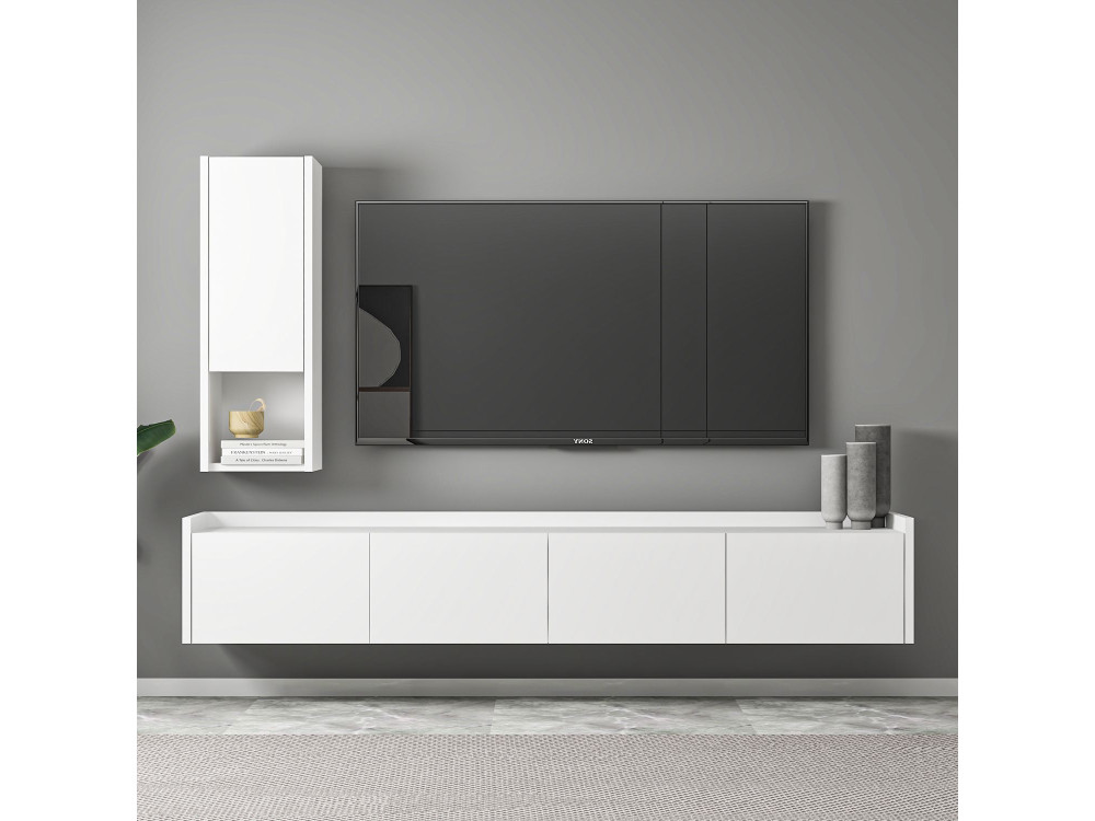 Móvel TV "Sema" em madeira com prateleira de parede - 160 x 30 x 35 cm - Branco