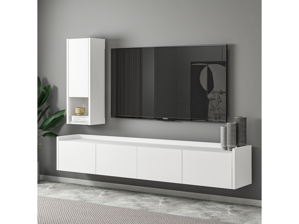 Móvel TV "Sema" em madeira com prateleira de parede - 160 x 30 x 35 cm - Branco