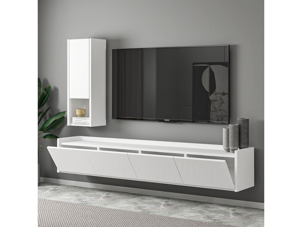 Móvel TV "Sema" em madeira com prateleira de parede - 160 x 30 x 35 cm - Branco