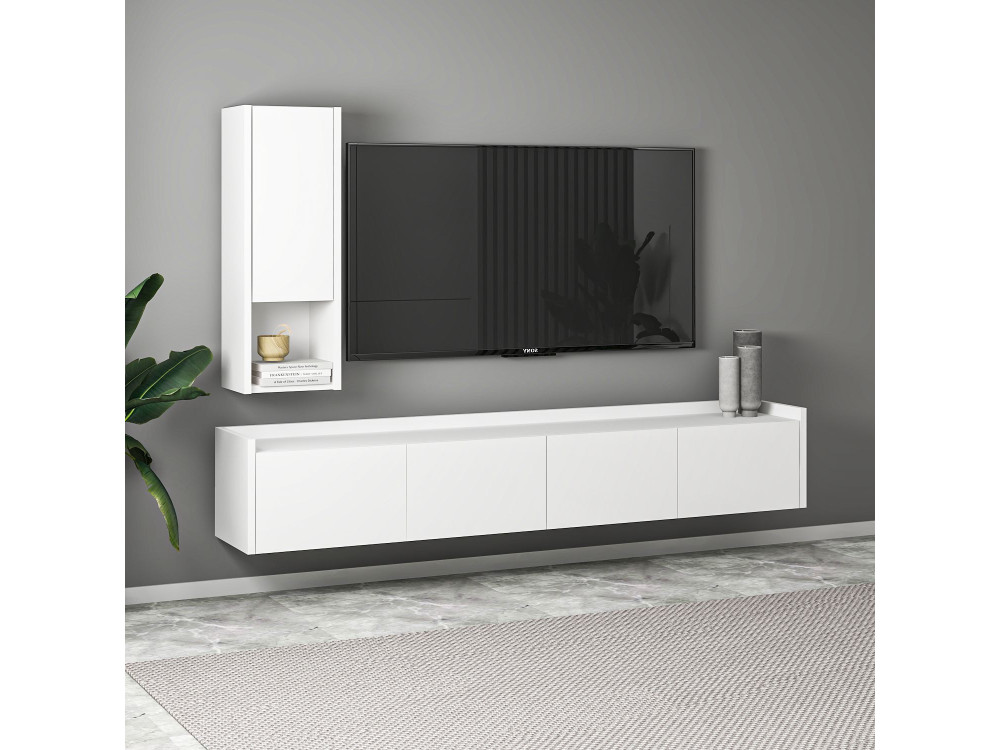 Móvel TV "Sema" em madeira com prateleira de parede - 160 x 30 x 35 cm - Branco