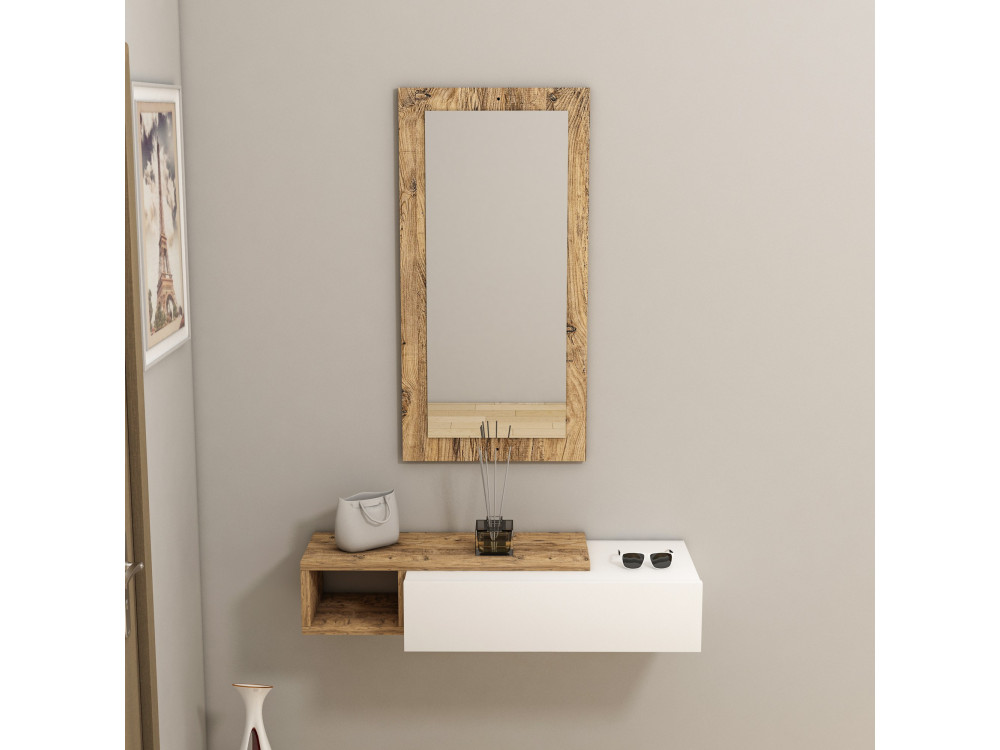 Consola de madeira "Vien" com espelho - 82 x 29 x 15 cm - Branco