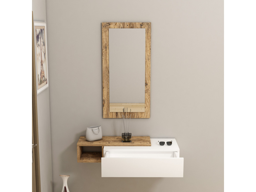 Consola de madeira "Vien" com espelho - 82 x 29 x 15 cm - Branco