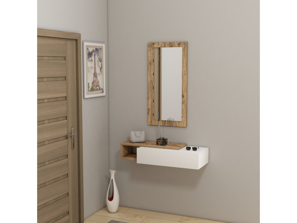 Consola de madeira "Vien" com espelho - 82 x 29 x 15 cm - Branco