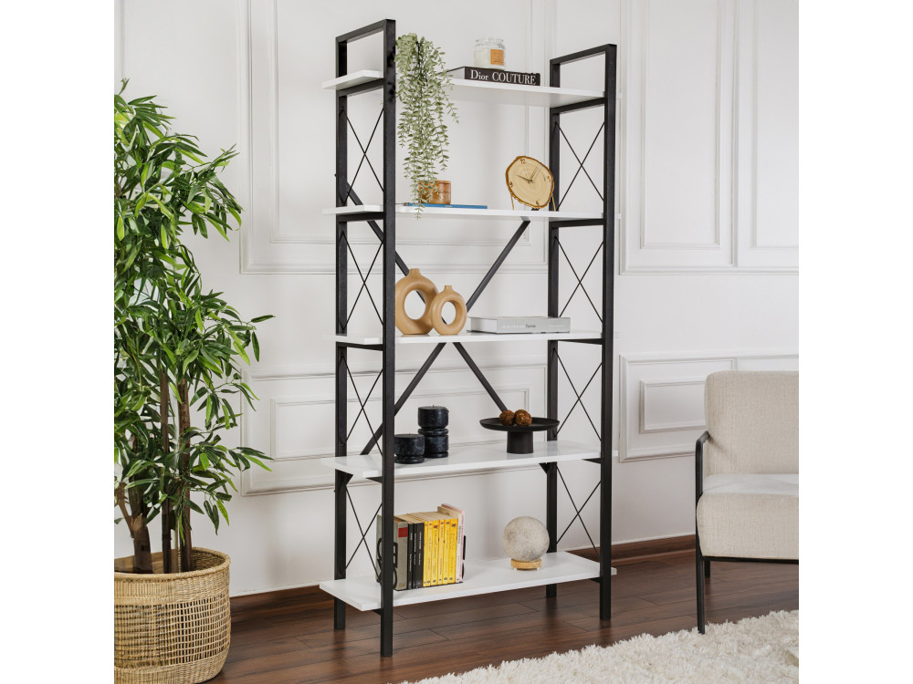 Estante de madeira "Elysian" - 90 x 33 x 180 cm - BrancoPreto