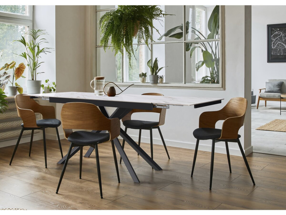 Mesa de jantar extensível em cerâmica para 6 a 10 pessoas "Celeste" - Branco marmoreado dourado