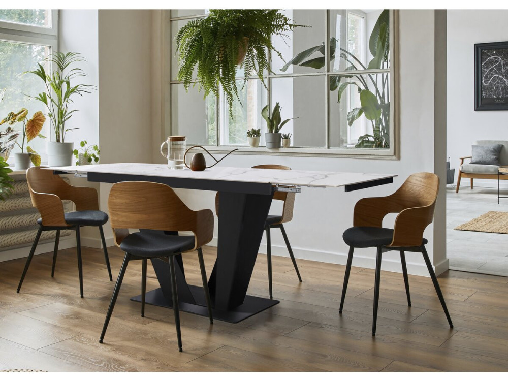 Mesa de jantar extensível em cerâmica - 160/240 cm - 6 a 10 pessoas "Nova" - Branco marmoreado cinzento