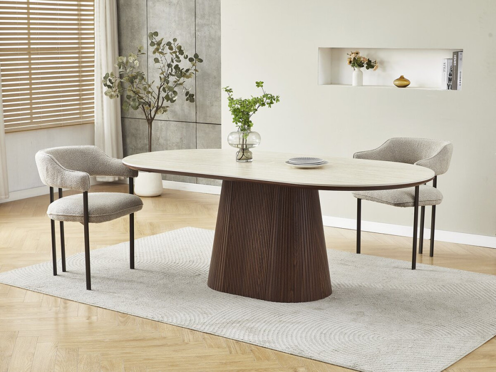 Mesa de jantar oval em pedra e madeira "Portofino" - 8 lugares sentados - Travertino e castanho