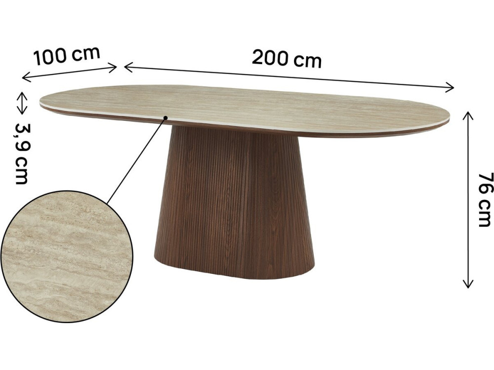 Mesa de jantar oval em pedra e madeira "Portofino" - 8 lugares sentados - Travertino e castanho