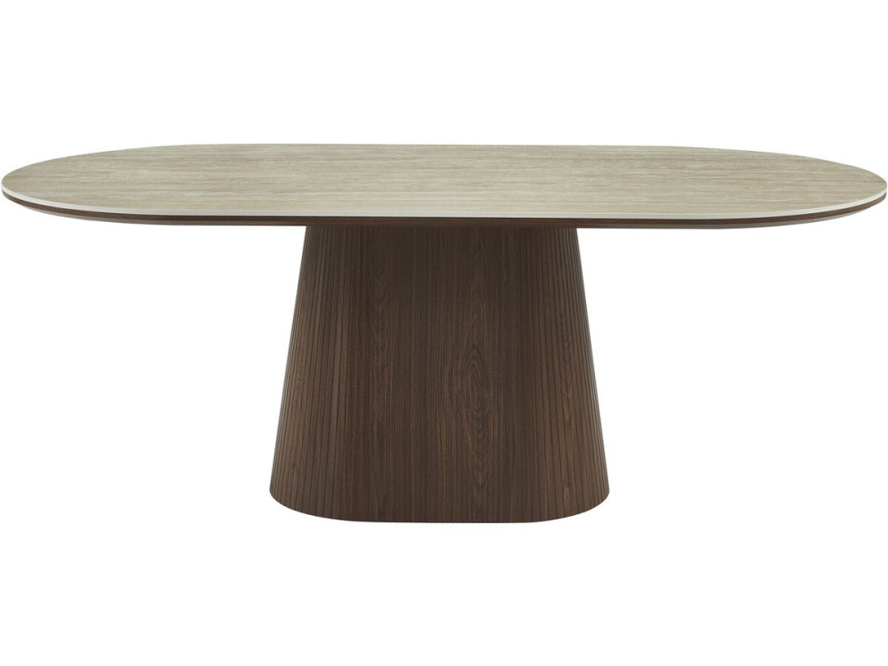 Mesa de jantar oval em pedra e madeira "Portofino" - 8 lugares sentados - Travertino e castanho