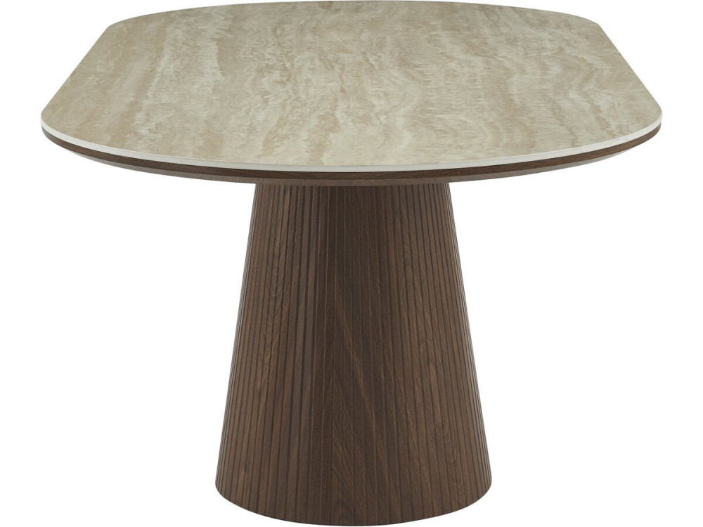 Mesa de jantar oval em pedra e madeira "Portofino" - 8 lugares sentados - Travertino e castanho