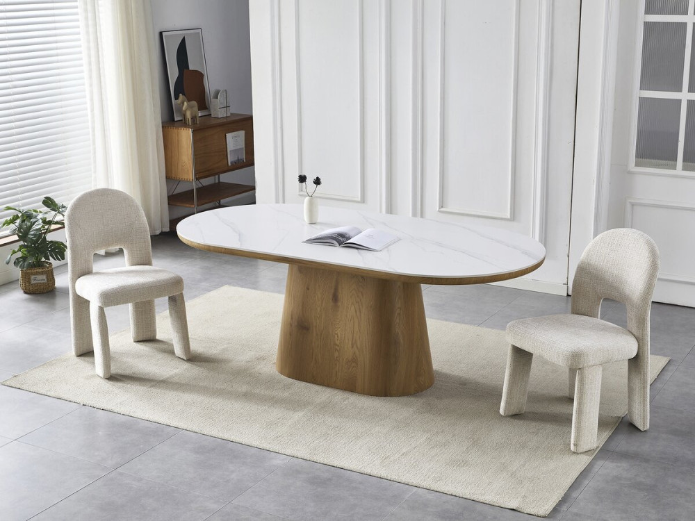 Mesa de jantar oval de madeira cerâmica "Bellagio" - 8 lugares - Branco e castanho
