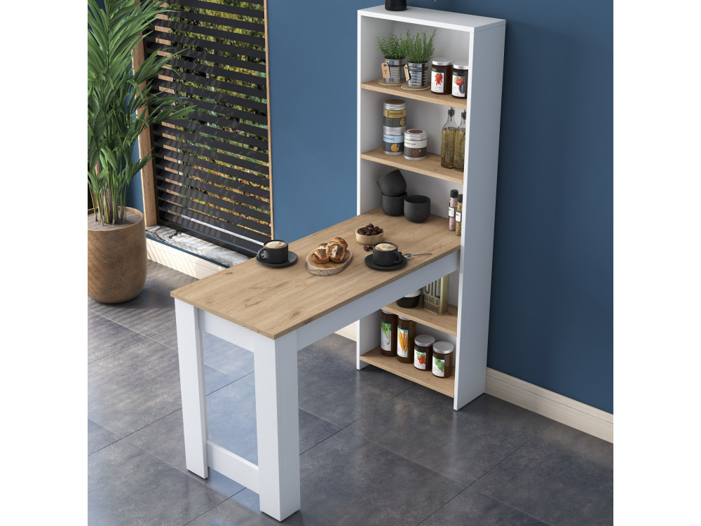 Mesa de jantar de madeira "Jong" com prateleiras - 120 x 54 x 154 cm - Castanho