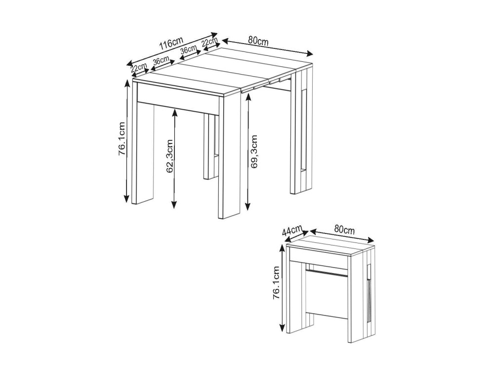 Mesa de jantar extensível de madeira "Nivo" - 80 x 44 x 76 cm - Preto