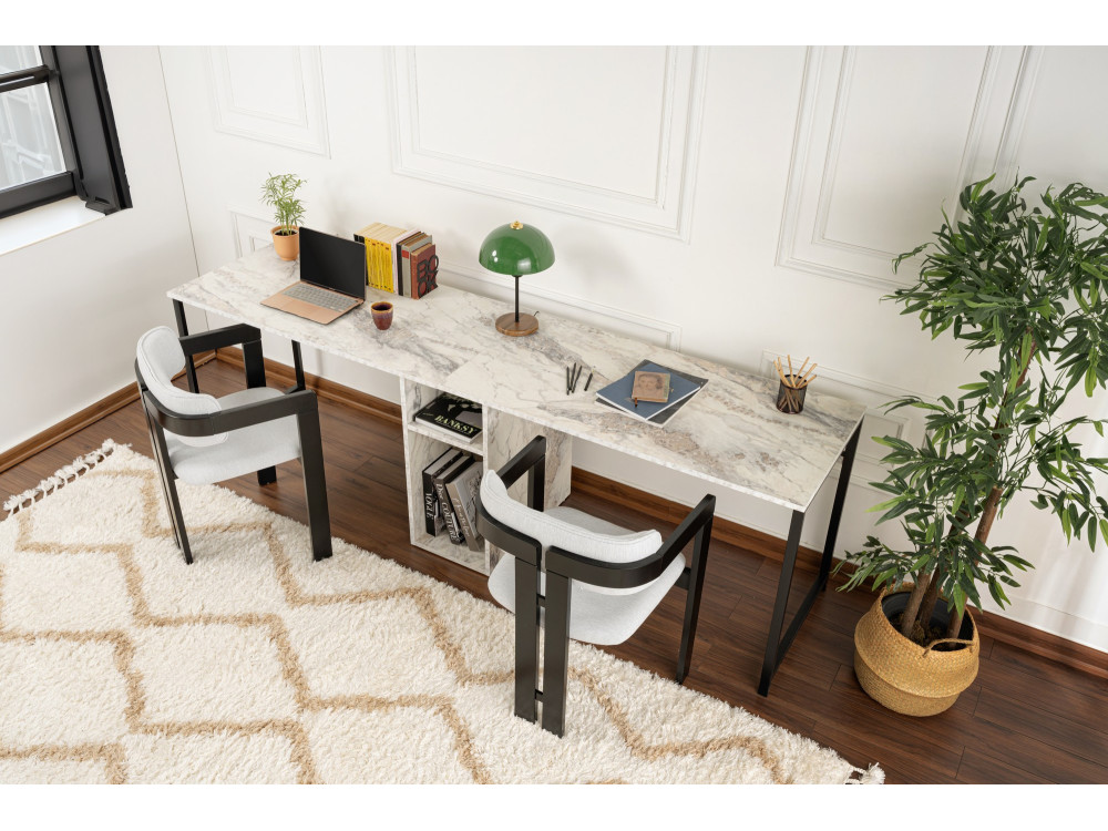 Secretária dupla "Twin" com 2 prateleiras de madeira - 240 x 60 x 74 cm - Branco marmoreado