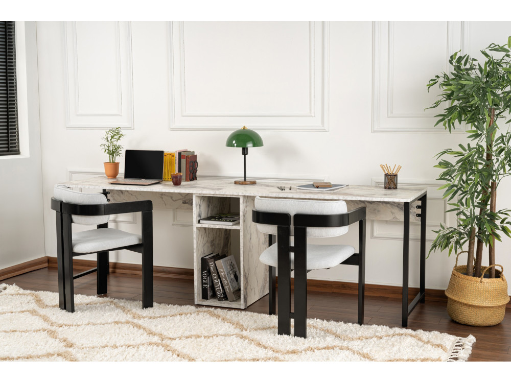 Secretária dupla "Twin" com 2 prateleiras de madeira - 240 x 60 x 74 cm - Branco marmoreado