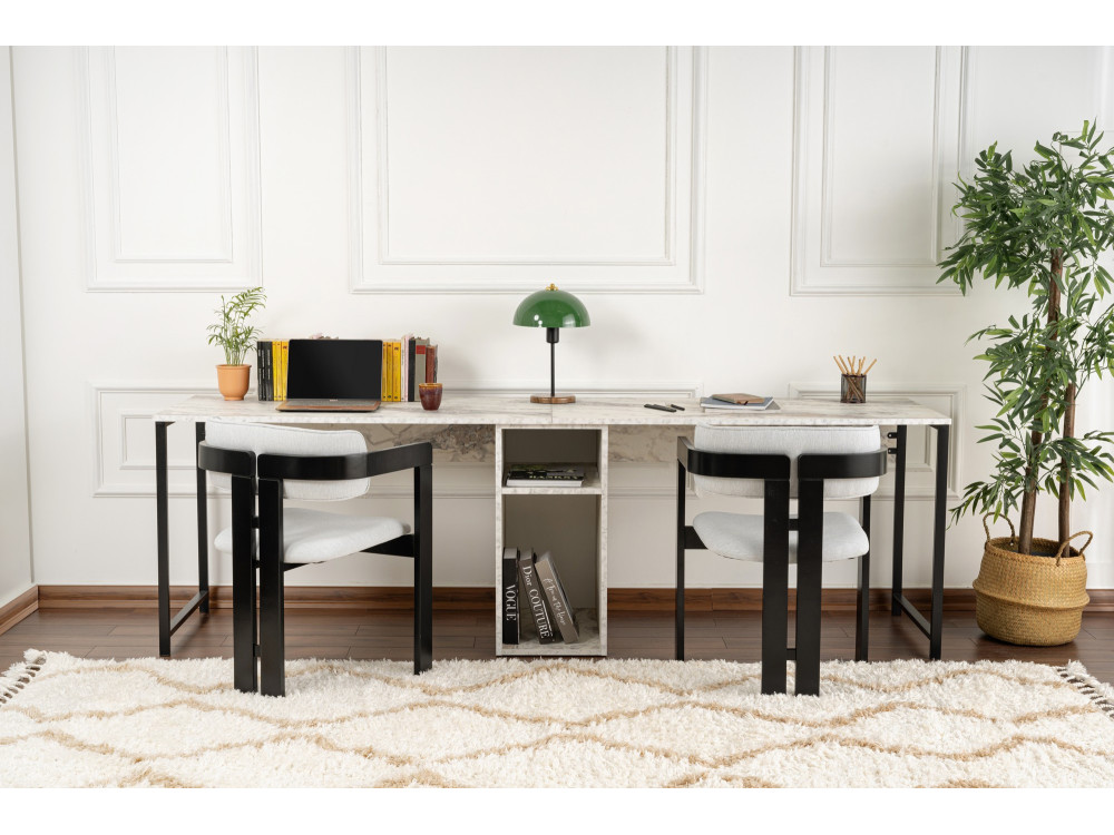 Secretária dupla "Twin" com 2 prateleiras de madeira - 240 x 60 x 74 cm - Branco marmoreado