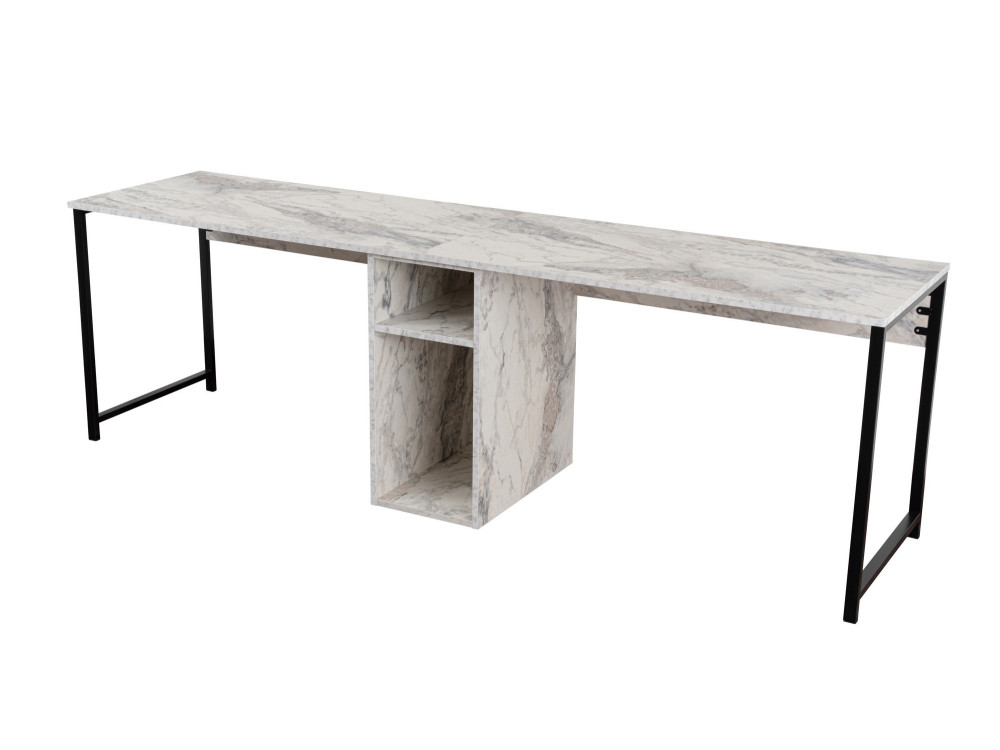 Secretária dupla "Twin" com 2 prateleiras de madeira - 240 x 60 x 74 cm - Branco marmoreado