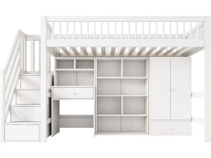 Cama alta de madeira com roupeiro e secretária integrados «Amélia» - 90 x 190 cm - Branco