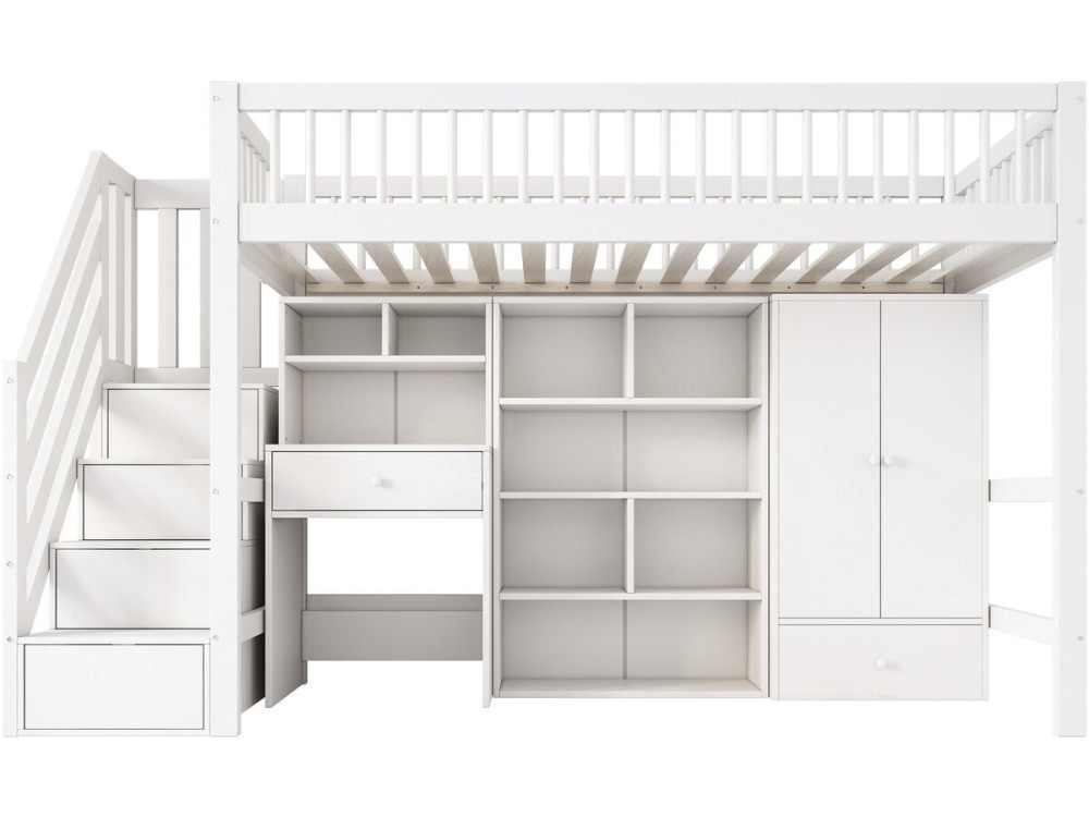 Cama alta de madeira com roupeiro e secretária integrados «Amélia» - 90 x 190 cm - Branco