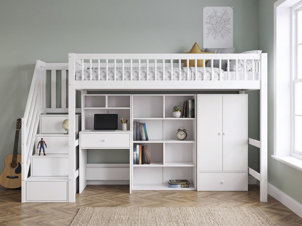 Cama alta de madeira com roupeiro e secretária integrados «Amélia» - 90 x 190 cm - Branco