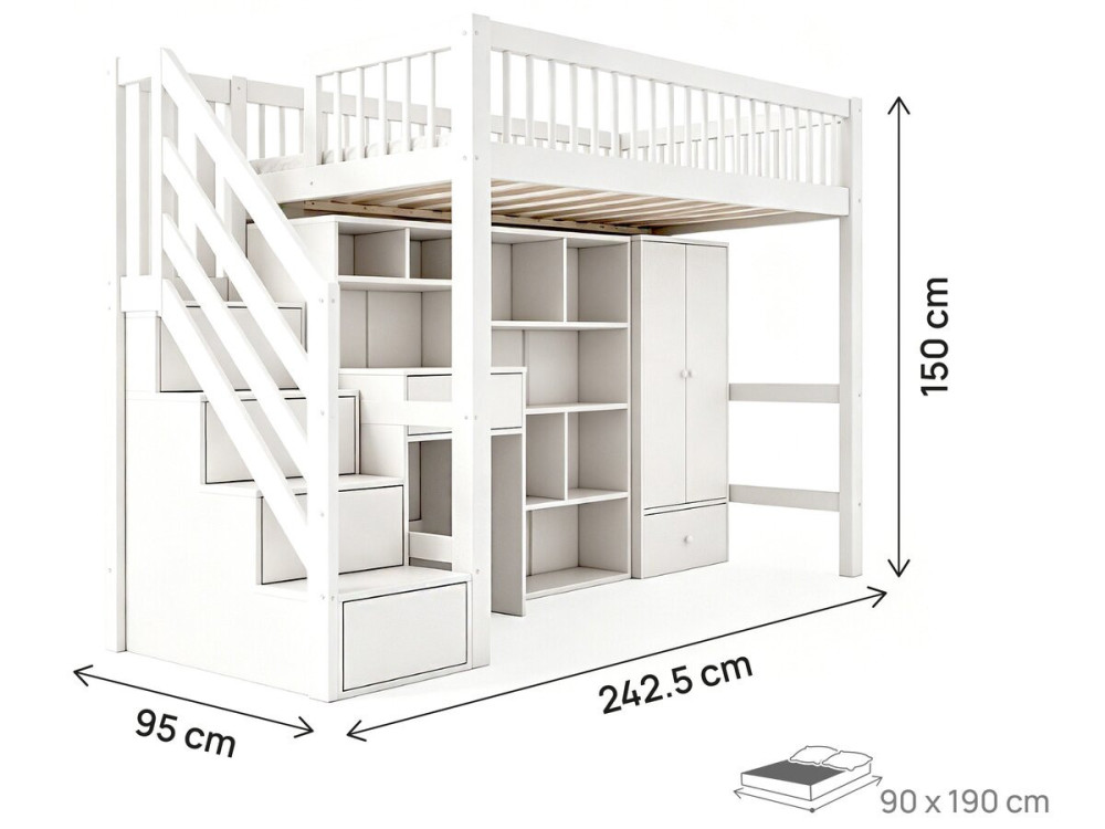 Cama alta de madeira com roupeiro e secretária integrados «Amélia» - 90 x 190 cm - Branco