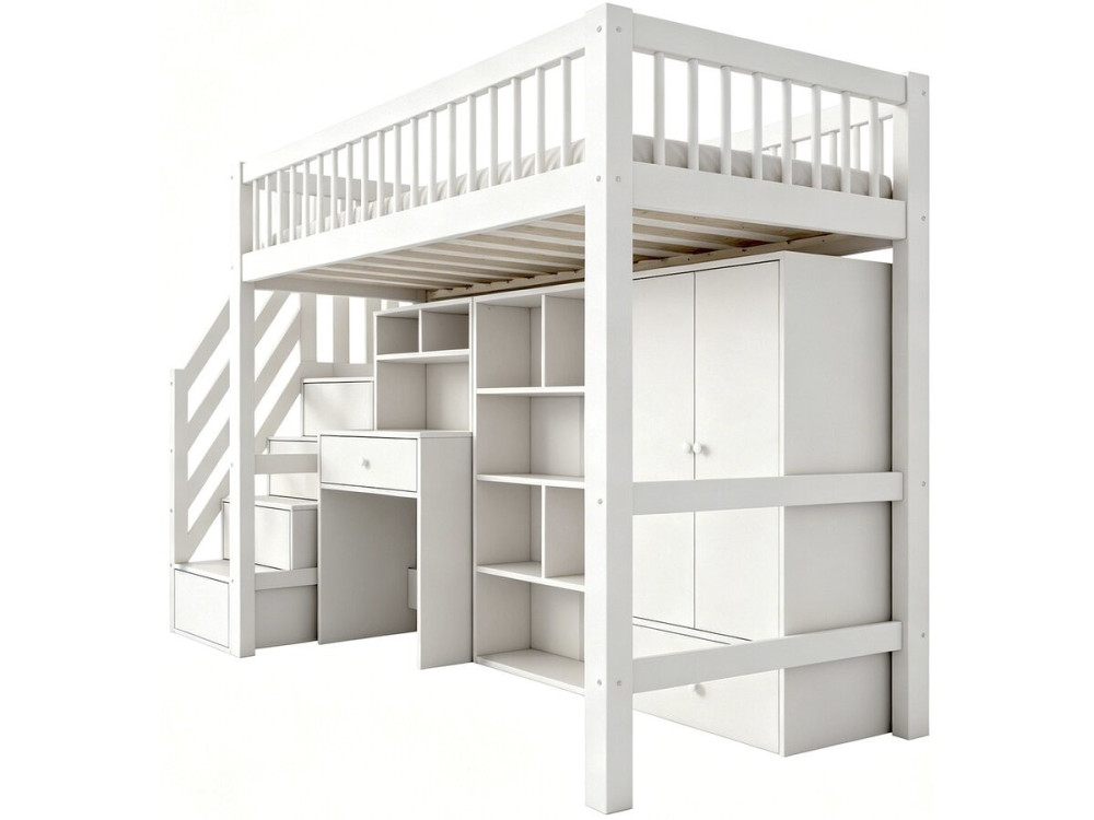 Cama alta de madeira com roupeiro e secretária integrados «Amélia» - 90 x 190 cm - Branco