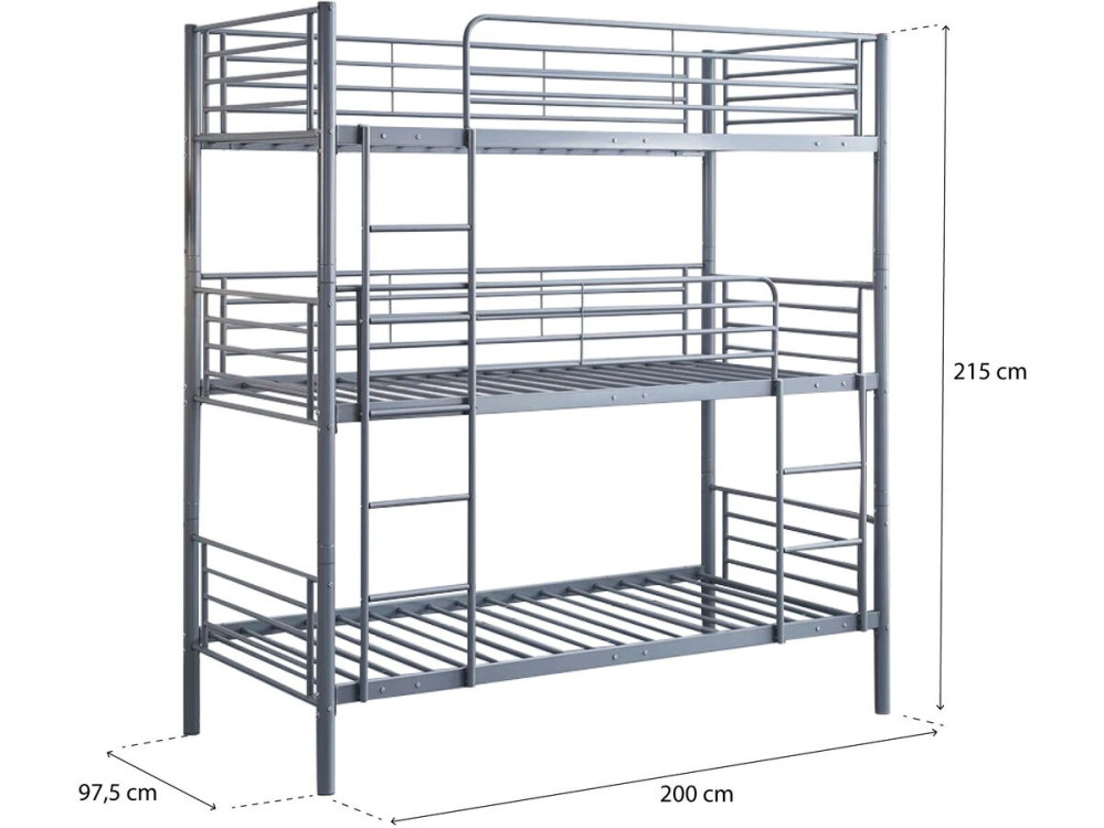 Beliche triplo de metal "HAVIN" - 90 x 190 cm - Cinza