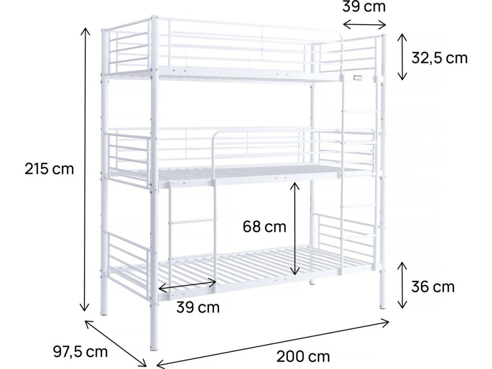 Beliche triplo em metal "Havin" - 90 x 190 cm - Branco