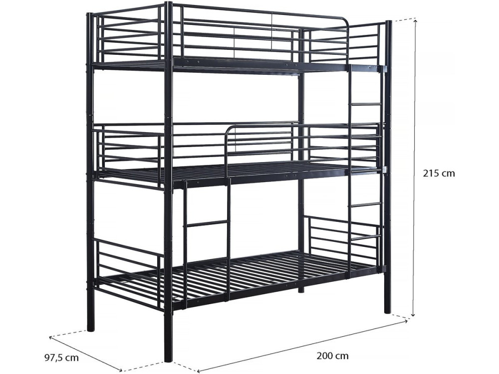 Beliche triplo de metal "HAVIN" - 90 x 190 cm - Preto