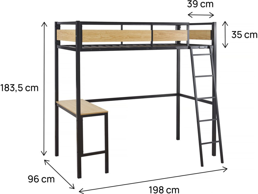 Cama mezanino “Ethan” com mesa - 90 x 190 cm - Preto