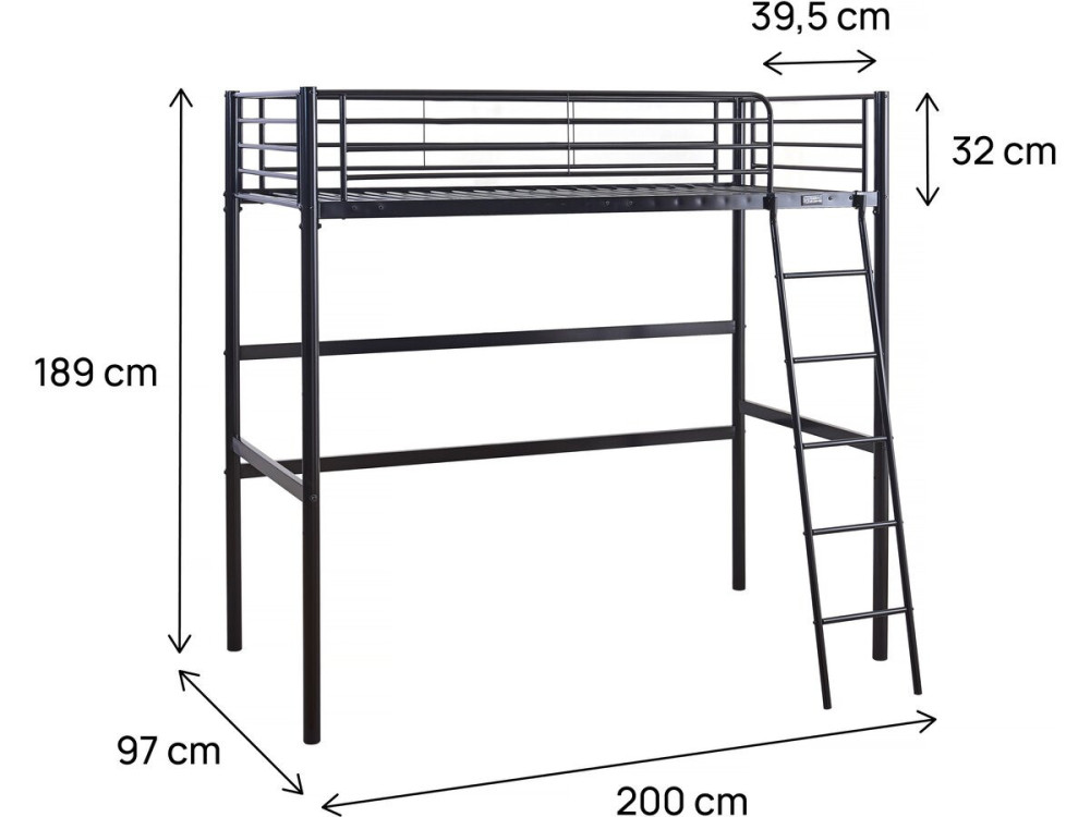 Cama alta de metal "Alora" - 90 x 190 cm - Preto